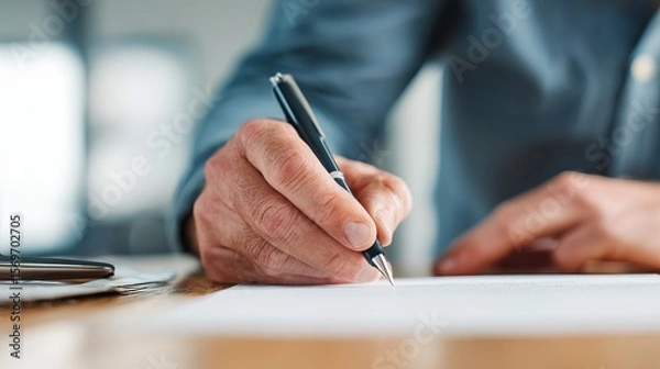 Obraz A person in a blue shirt is writing with a pen on paper at a desk, with a pair of glasses placed nearby.
