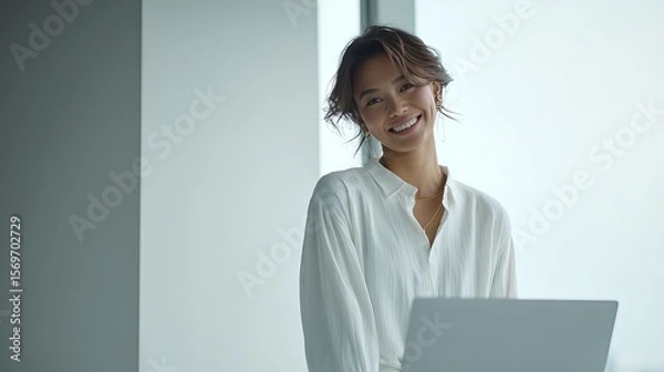 Obraz A smiling woman in a white blouse stands with a laptop, exuding confidence and professionalism in a bright, modern office setting.
