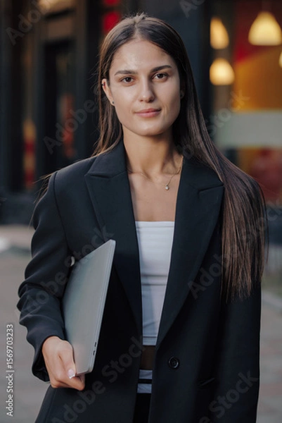 Obraz Woman in business suit holding laptop at the city