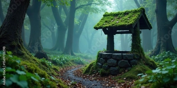 Fototapeta Enchanting Moss-Covered Wishing Well Hidden in a Mysterious Foggy Forest, Whispering Untold Secrets and Forgotten Magic