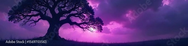 Fototapeta Ancient Oak Silhouette Against Stormy Twilight Sky Mystical Fantasy Tree Photography