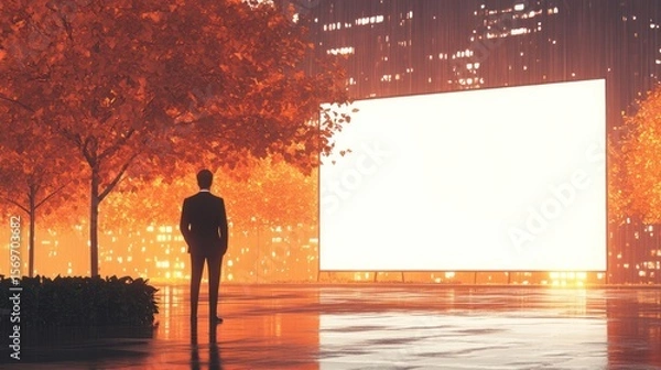 Fototapeta Businessman views blank billboard in urban autumn setting