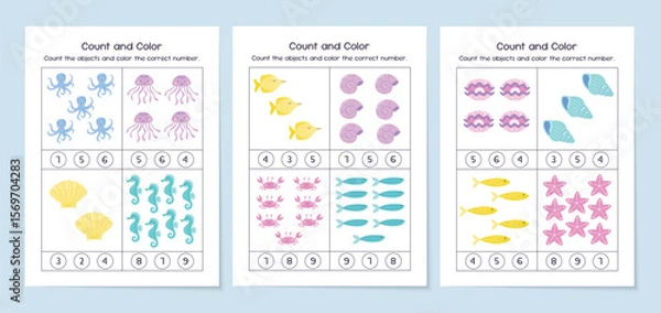 Obraz Count and color educational worksheet for kids. Printable preschool activity sheets set. Vector illustration