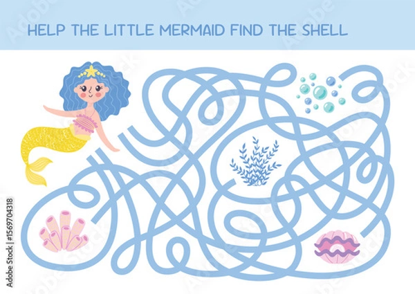 Fototapeta Children logic game to find path. Help the mermaid find the shell. Educational game for kids. Funny cartoon characters. Worksheet page