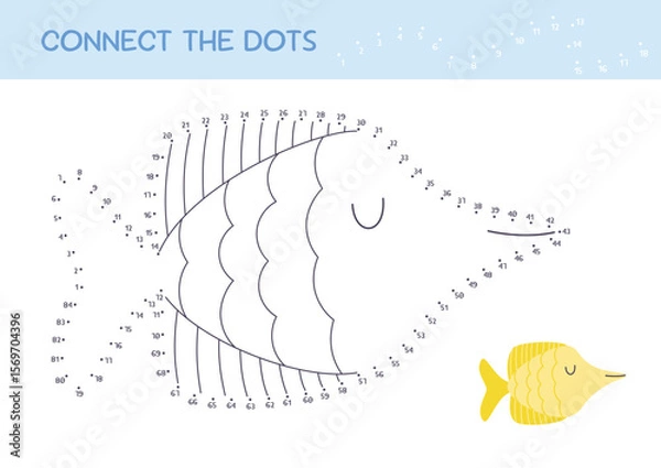 Fototapeta Connect the dots educational game for children. Cute cartoon tang fish. Numbers game. Printable worksheet for kids. Dot to dot and color. Vector illustration.