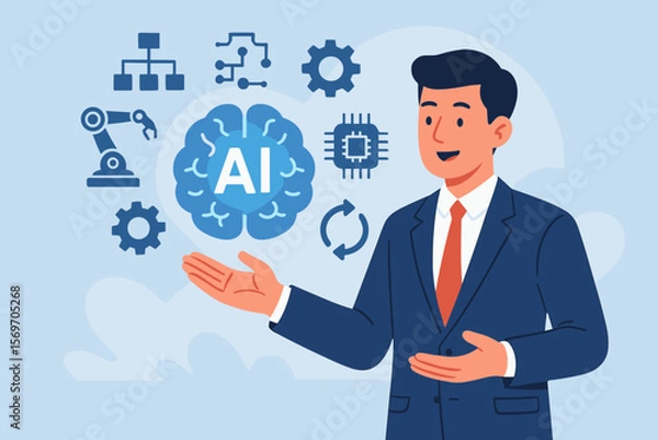 Fototapeta Businessman presenting artificial intelligence. Man with AI brain icon, gear, robotic arm, chip. Concept of machine learning, automation, innovation, digital transformation, business.