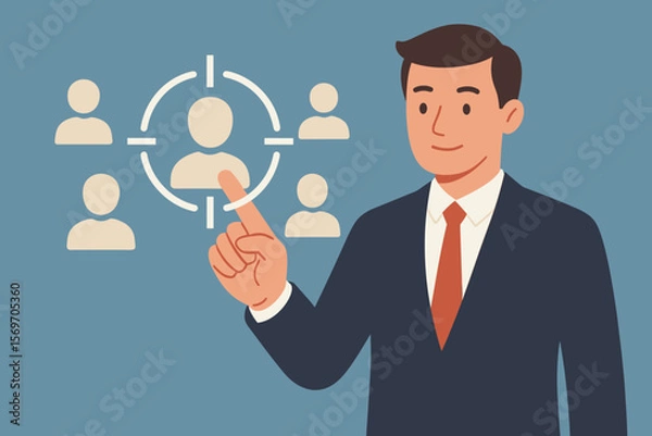 Fototapeta Businessman in suit selecting target customer icon. Recruitment, human resources, CRM, customer relationship management, business sales strategy, client focus, employee development