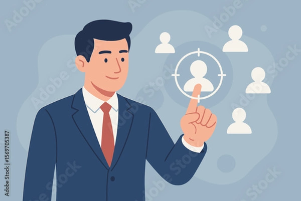 Fototapeta Businessman selecting target customer icon. Human resource recruitment. CRM customer relationship management. Sales strategy. Business focus. Team management. Digital marketing.