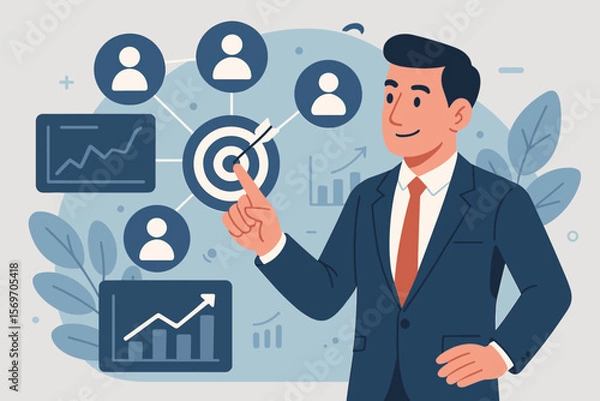 Fototapeta Businessman in suit using digital interface to target customers. Marketing strategy, CRM, customer relationship management, data analytics, business growth, sales increase, network