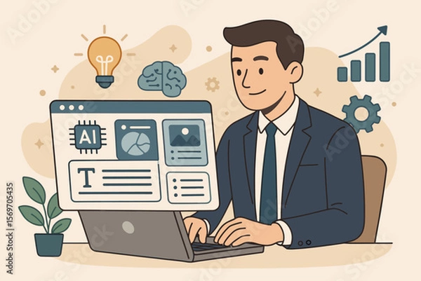 Fototapeta Businessman using laptop with AI content generation platform, smart dashboard, digital innovation tools, data analytics, productivity, creativity, business technology concept