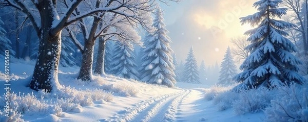 Fototapeta Magical Winter Wonderland Frosted Trees and Winding Path in a Snowy Forest
