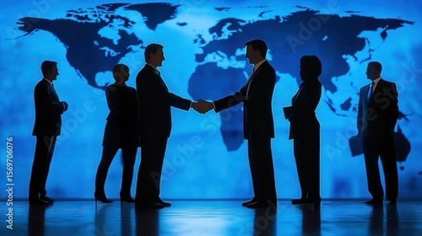 Fototapeta Businessmen shaking hands against a world map background. Possible use Stock photo for business, global collaboration