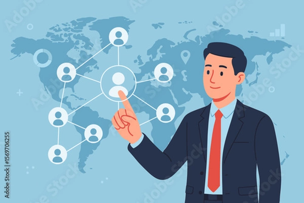 Fototapeta Global workforce management, business leader selecting digital user icon on world map, remote team connection, HR analytics, recruitment, employee network, human resources