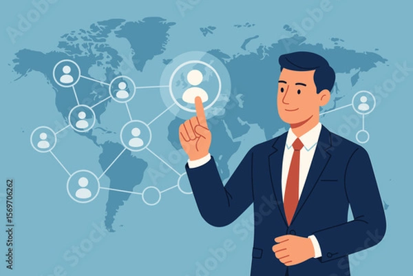 Fototapeta Global workforce management concept. Businessman selects digital user icon on world map interface, symbolizing remote team connection, HR analytics, recruitment, networking, leadership