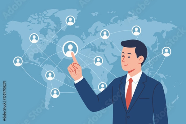 Fototapeta Global workforce management concept. Businessman selecting digital user icon on world map interface, symbolizing remote team connection, HR analytics, recruitment, networking, globalization