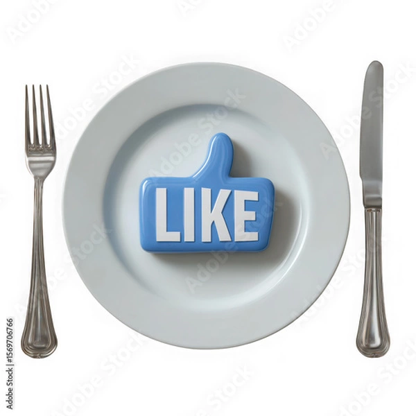 Fototapeta Facebook like button served on a plate with fork and knife isolated on transparent background