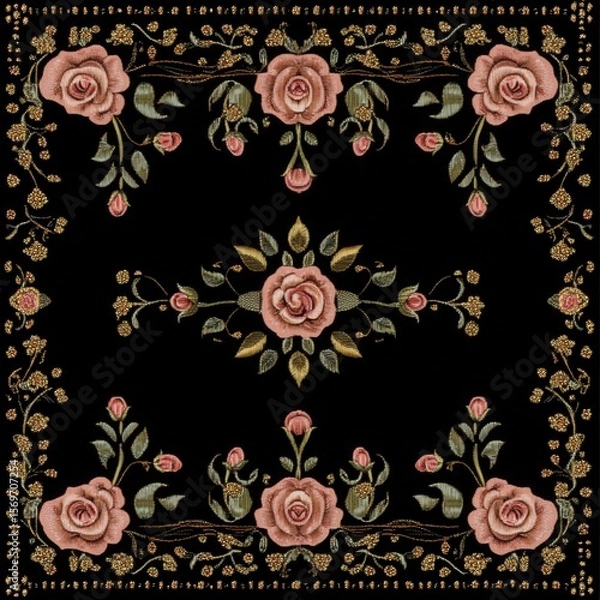 Obraz Elegant embroidered rose pattern with gold accents