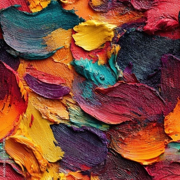 Obraz seamless rich textures of oil paint blend together in vivid hues, creating dynamic visual experience. perfect for backgrounds, artwork captures chaotic beauty and artistic flair generative ai
