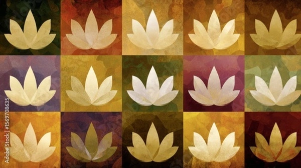 Fototapeta Grid-like arrangement of fifteen square panels featuring stylized lotus symbols in golden-beige hues, with diverse textured backgrounds in green, red, orange, yellow, purple, and brown, 