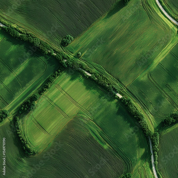 Obraz seamless vibrant green agricultural fields create textured landscape from aerial perspective, showcasing patterns formed by crops and natural borders. the rural setting enhances serene atmosphere