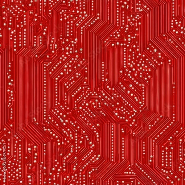 Obraz seamless high-res design features symmetrical circuit board patterns on bold red background, highlighting detailed white lines for modern tech aesthetic generative ai