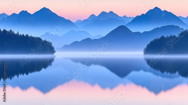 Fototapeta Calm lake reflecting misty mountains at sunrise. Possible use Stock photo