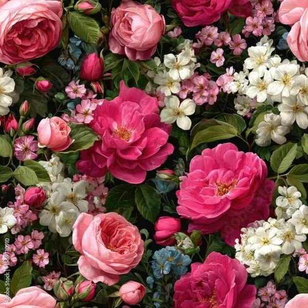 Obraz seamless delicate floral arrangements create lush tapestry of colors, ideal for wedding themes. soft pinks and whites blend harmoniously, enhancing the atmosphere celebration joy generative ai