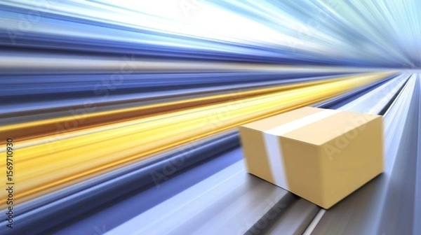 Fototapeta Cardboard box moving fast on a track