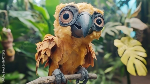 Fototapeta Cartoon bird perched on branch in lush jungle, ideal for children's book illustration or educational material