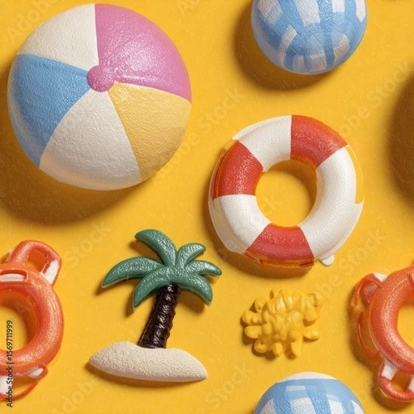 Obraz seamless colorful summer banner showcases beach ball, inflatable life jacket, and various children's toys. bright sun rays palm trees create fun atmosphere, perfect for festivities generative ai