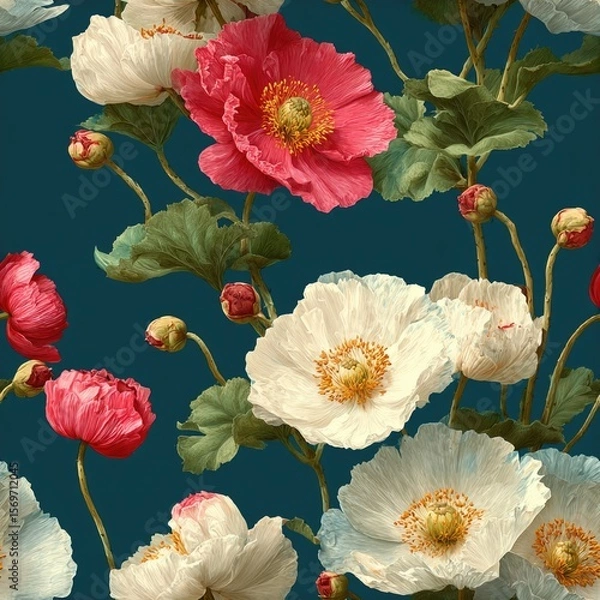 Obraz seamless colorful poppy flowers in shades of red and white display intricate design against deep blue backdrop, perfect for creating lively dynamic atmosphere various applications generative ai