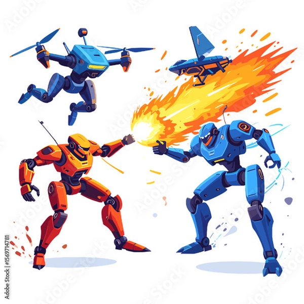 Fototapeta Pixel Art of Orange and Blue Robots Engaging in Battle with Fire Power and a Futuristic Drone on a Plain White Background