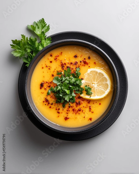 Fototapeta Traditional Turkish mercimek soup with lemon wedge, parsley and chilli flakes

