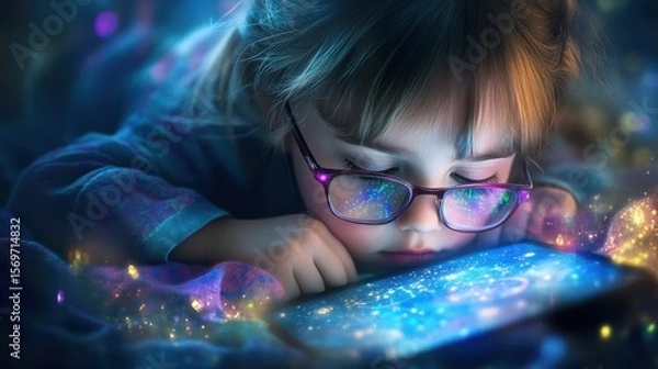 Fototapeta Child engrossed in digital device, imaginative world, soft light