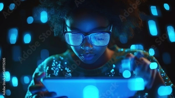 Fototapeta Child focused on tablet in dark, lit by blue light, possible educational use