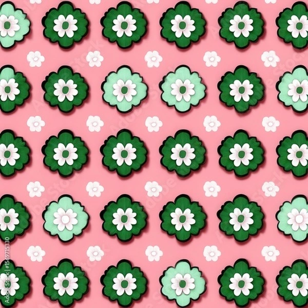 Obraz Green and white flowers on a pink background pattern