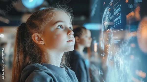 Fototapeta Child interacting with futuristic touchscreen display