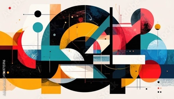 Fototapeta Colorful abstract geometric shapes and lines form a dynamic modern art composition with overlapping circles and rectangles.