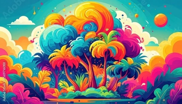 Fototapeta A vibrant, colorful illustration of tropical trees and clouds in a surreal, dreamy landscape with bold, swirling patterns.