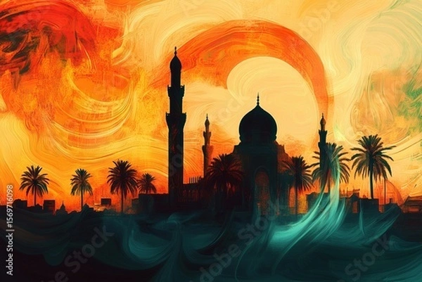 Obraz Vibrant sunset over a mosque with palm trees