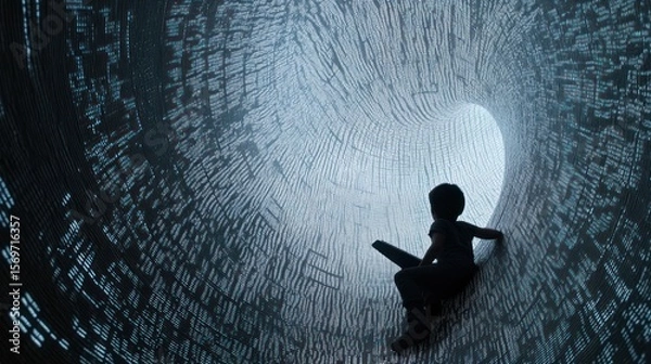 Fototapeta Child Inside Cylindrical Tunnel of Text, Abstract Art, Possible Use Inspiration, Art