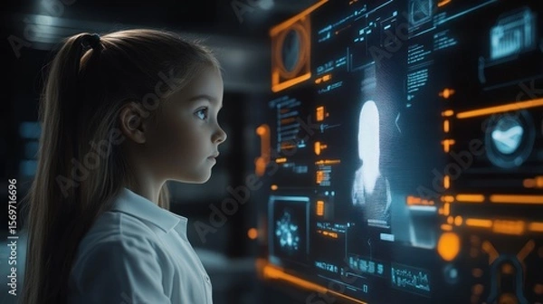 Fototapeta Child interacts with futuristic holographic display