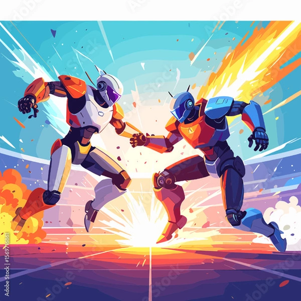Fototapeta Two Robots Fighting in an Arena with Orange and Blue Hues Digital Illustration