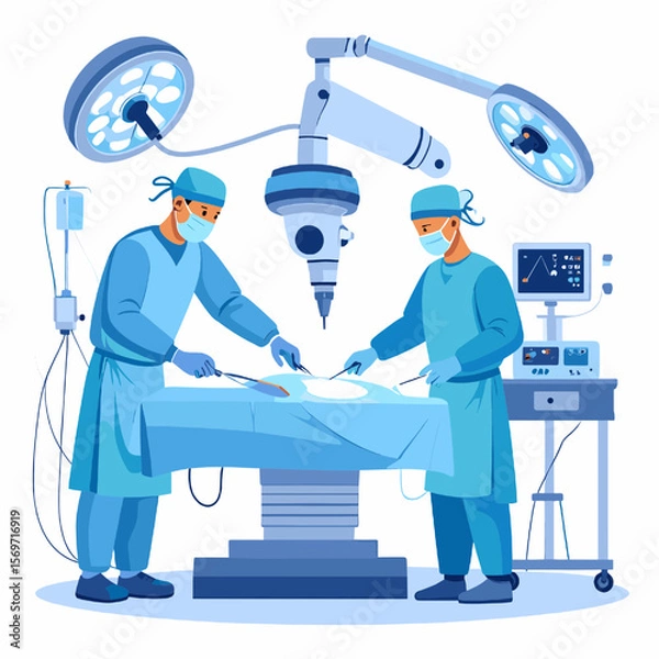 Fototapeta Two Surgeons Performing Operation With Surgical Equipment And Bright Lighting in Operating Room Healthcare Setting