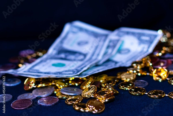 Fototapeta A few dollars on top of decorative garland made of gold coins and loose change. 