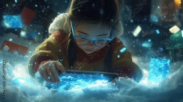 Fototapeta Child playing with tablet in snow; magical scene; use for children's product; winter fantasy