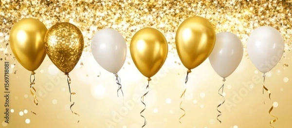 Fototapeta Elegant arrangement of gold and white balloons on a shimmering backdrop for celebrations