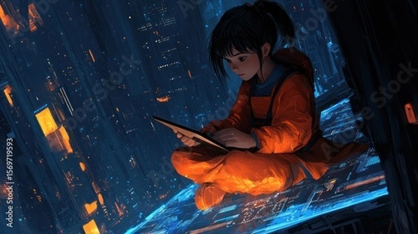 Fototapeta Child using tablet in futuristic city