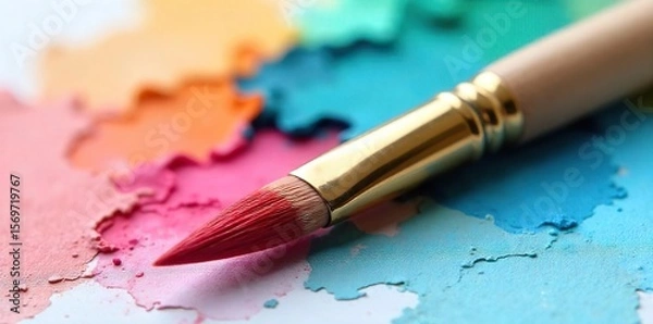 Fototapeta Soft Watercolour Brush Bristles Close-Up  Ready for Artistic Creation.  A Smooth Handle Promises Comfort and Ease of Use for Painting and Craft Projects.