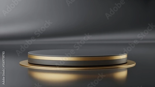 Fototapeta Dark gray circular podium with gold trim on reflective surface stage platform